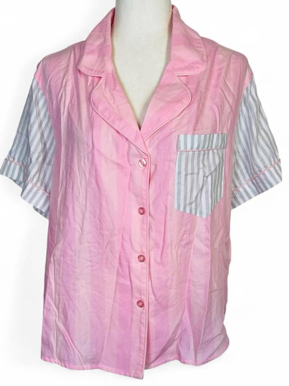 NWT Joyspun Size Large L Button Down Pajama Top Shirt Pink Gray Striped Short